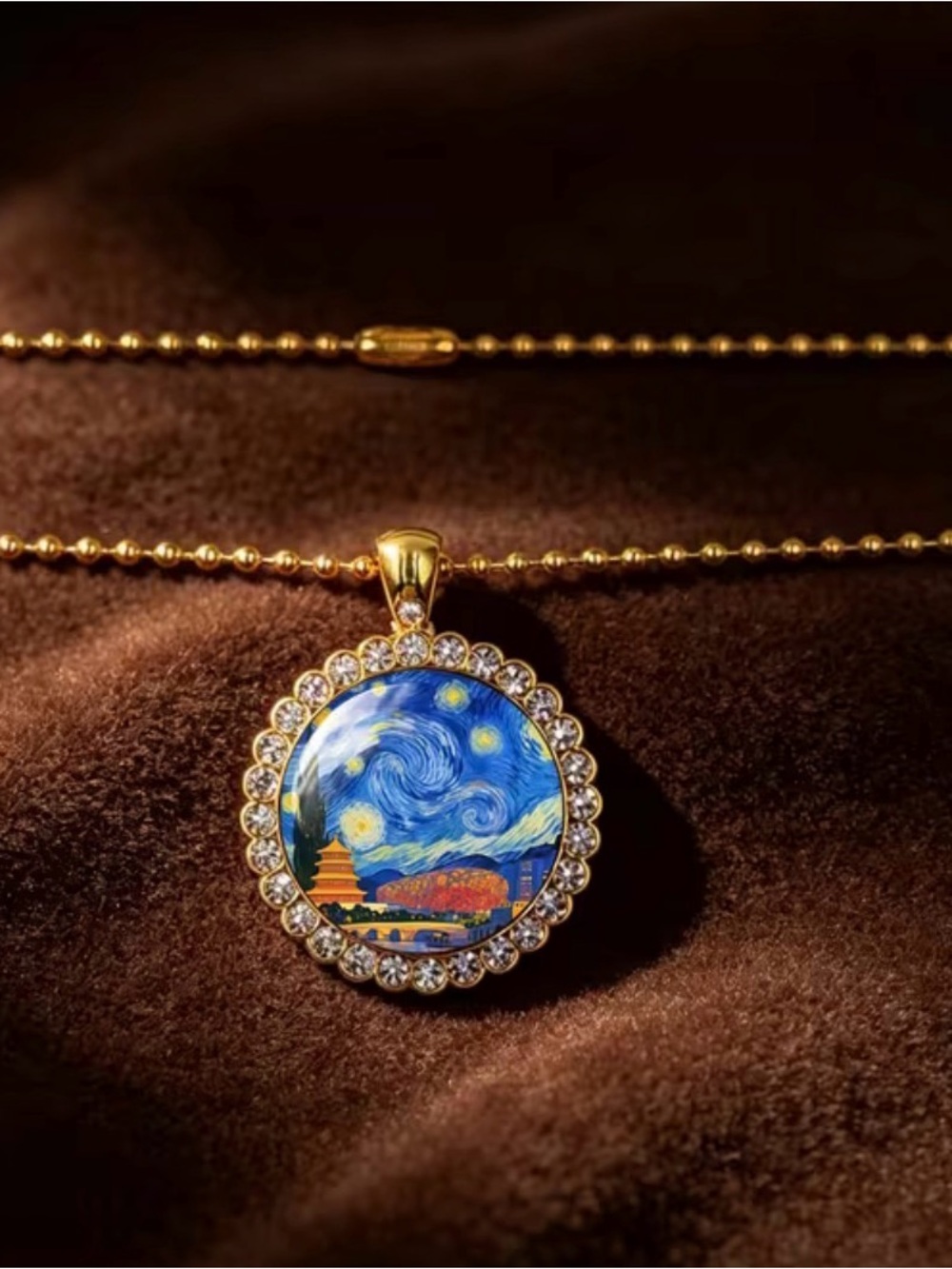 Gold-Tone Starry Blue Art Pendant Necklace with Crystal Halo